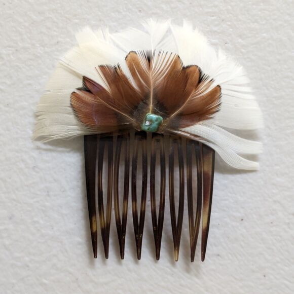Set of Two Vintage Hair Combs with Feathers and Turquoise Southwest Handcrafted - Picture 2 of 5